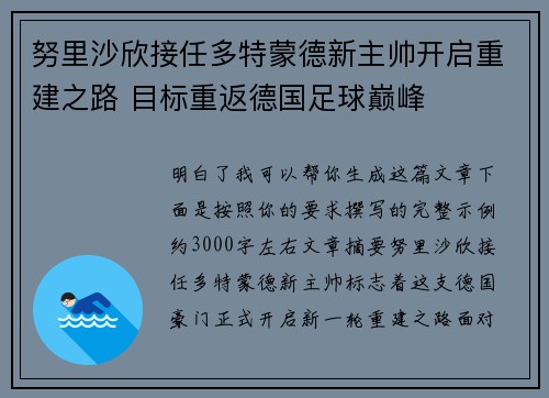 努里沙欣接任多特蒙德新主帅开启重建之路 目标重返德国足球巅峰